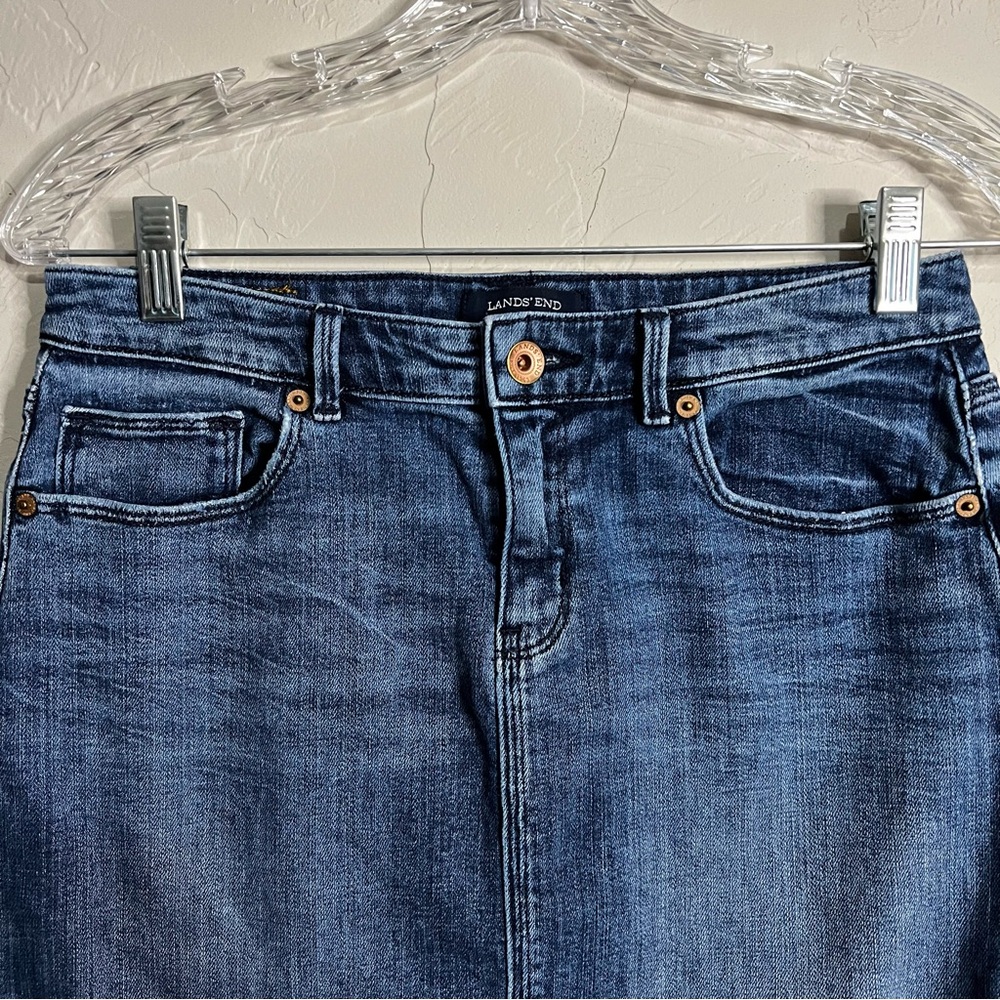Lands'‎ End Denim Blue Pencil Skirt Classic Stretch Knee Length Casual Preppy - Picture 3 of 11
